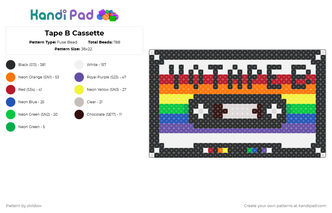 Tape B Cassette - Fuse Bead Pattern by zkildow on Kandi Pad - black,white,purple,orange,colorful