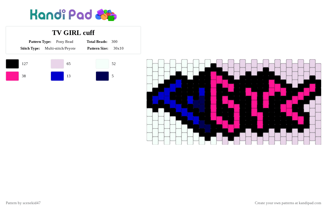 TV GIRL cuff - Pony Bead Pattern by scenekid47 on Kandi Pad - white,purple,pink,cotdconcerts,tvgirl