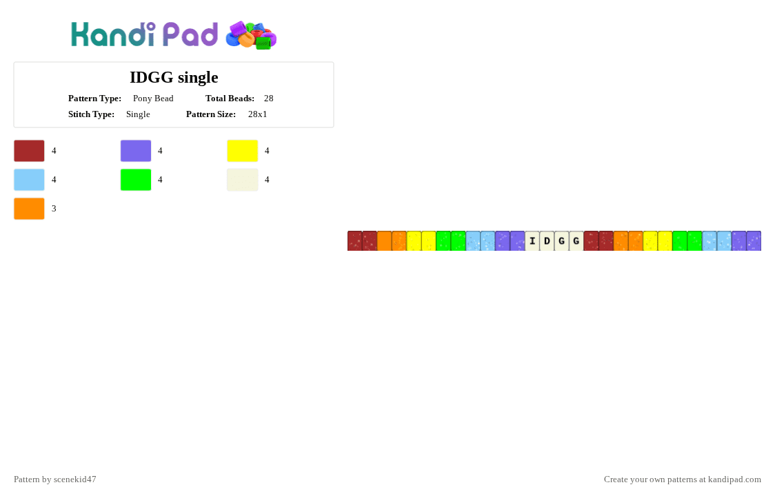 IDGG single - Pony Bead Pattern by sc3n3_qu33n_1ris on Kandi Pad - blue,yellow,green,colorful,idgg,scenekid,rainbow