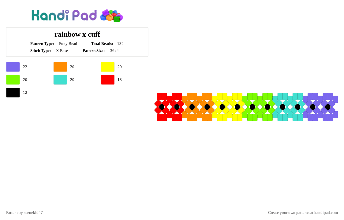 rainbow x cuff - Pony Bead Pattern by sc3n3_qu33n_1ris on Kandi Pad - yellow,light blue,colorful,rainbow,xcuff