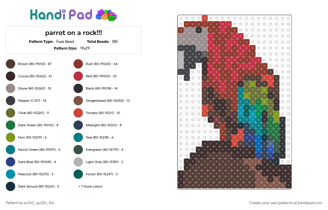 parrot on a rock!!! - Fuse Bead Pattern by sc3n3_qu33n_1ris on Kandi Pad - bird, brown, cotdbirds, parrot, red