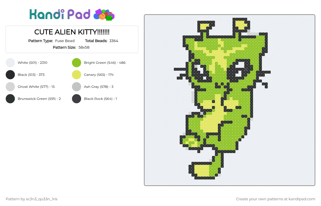 CUTE ALIEN KITTY!!!!!!! - Fuse Bead Pattern by sc3n3_qu33n_1ris on Kandi Pad - alien, cat, cotdaliens, green, white, yellow