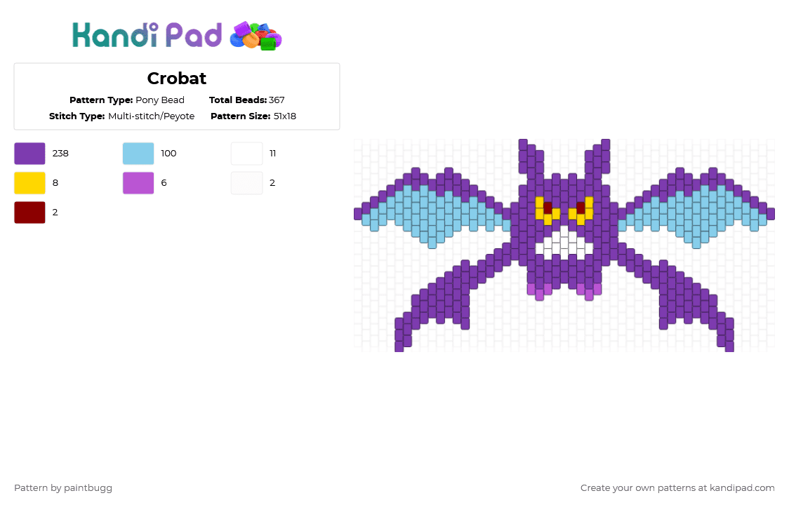 Crobat - Pony Bead Pattern by paintbugg on Kandi Pad - purple,light blue,pokemon,johto,crobat