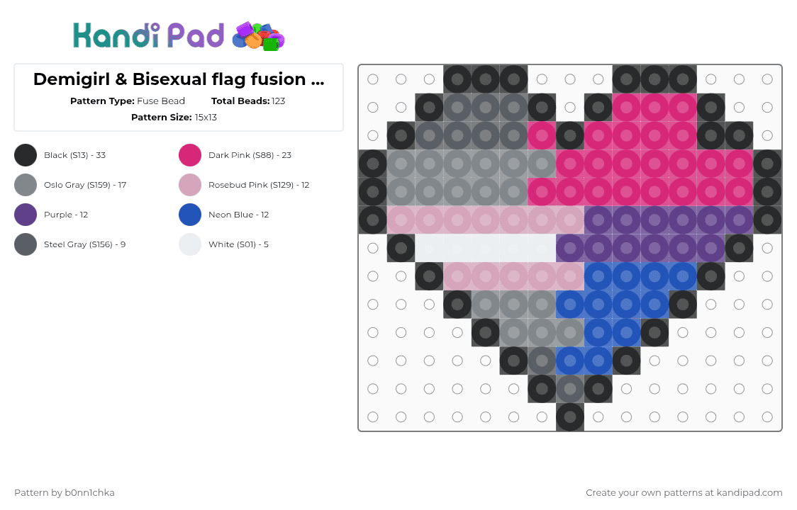 Demigirl & Bisexual flag fusion [heart-shaped] - Fuse Bead Pattern by b0nn1chka on Kandi Pad - bisexual, demigirl, gray, lgbt, lgbtq, pink, pride