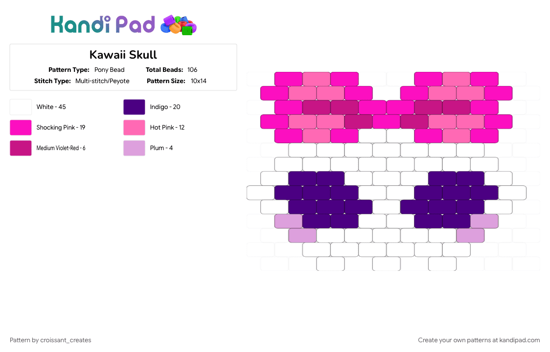 Kawaii Skull - Pony Bead Pattern by croissant_creates on Kandi Pad - pink, purple