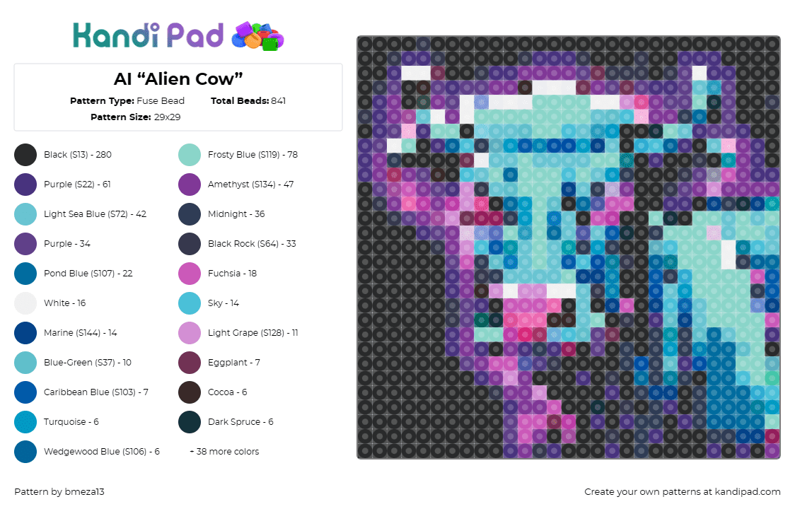 AI “Alien Cow” - Fuse Bead Pattern by bmeza13 on Kandi Pad - cow,neon,alien,ai,extraterrestrial,whimsical,technology,futuristic,animal,blue