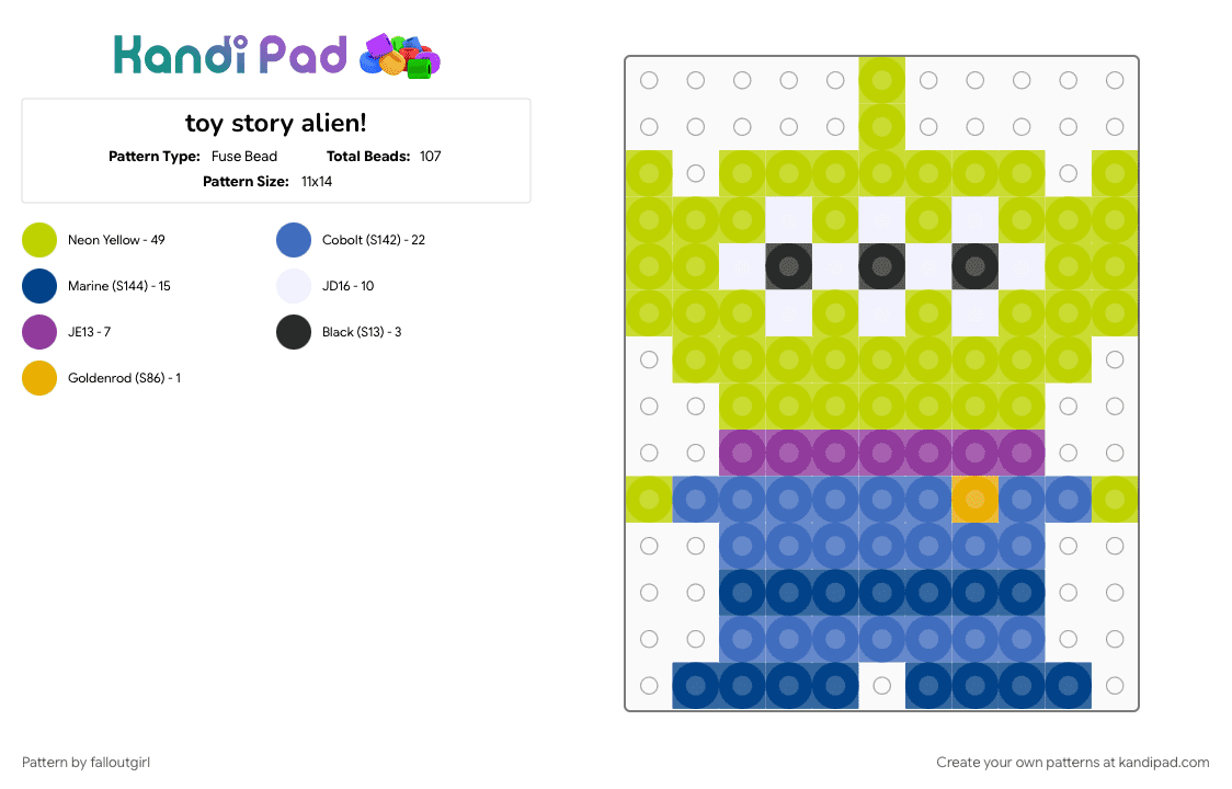 toy story alien! - Fuse Bead Pattern by falloutgirl on Kandi Pad - alien, blue, disney, green, pixar, toy story