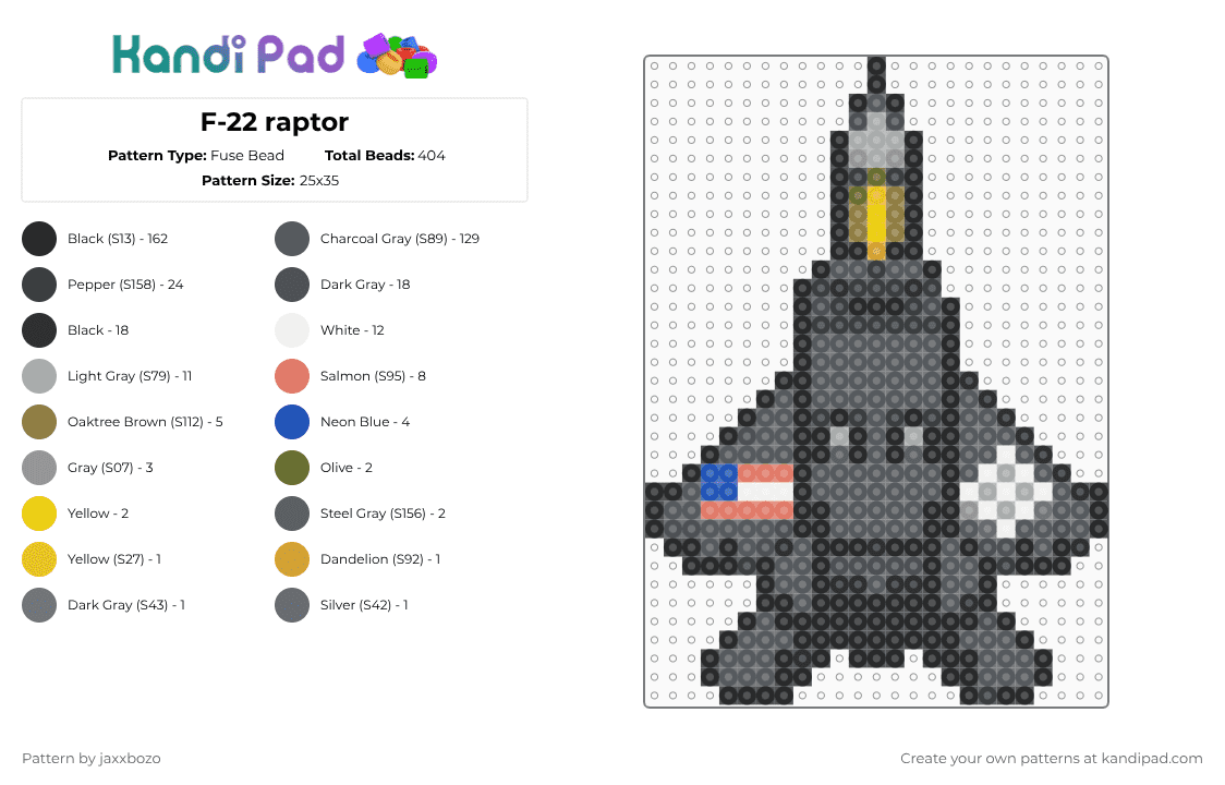 F-22 raptor - Fuse Bead Pattern by jaxxbozo on Kandi Pad - black,gray,jet,f22,f22 raptor,us airforce,stealth fighter,fighter jet,lockheed martin,aircraft