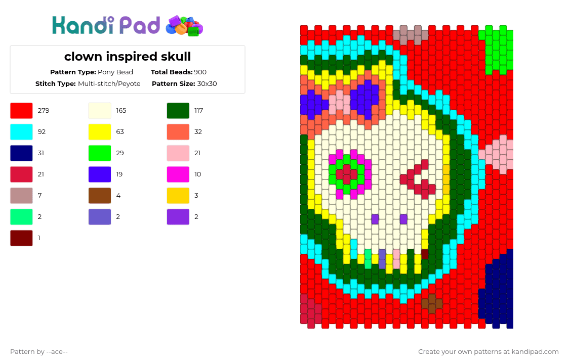 clown inspired skull - Pony Bead Pattern by --ace-- on Kandi Pad - red,yellow,green,light blue,cotdboldcolors