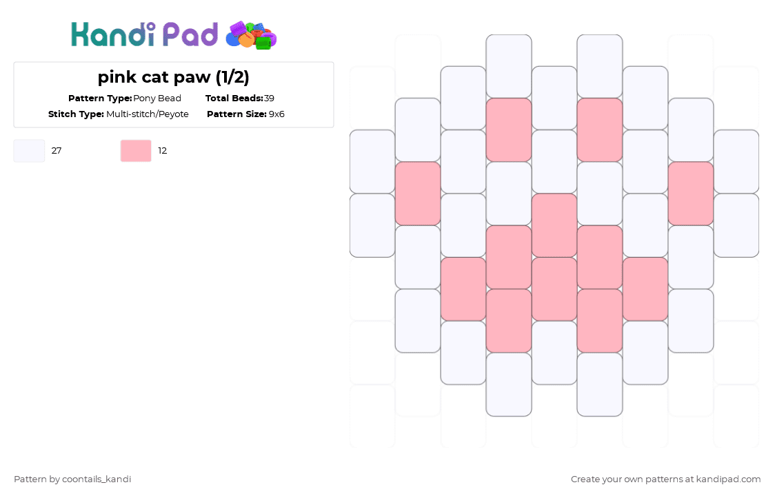 pink cat paw (1/2) - Pony Bead Pattern by cattitude on Kandi Pad - white,pink