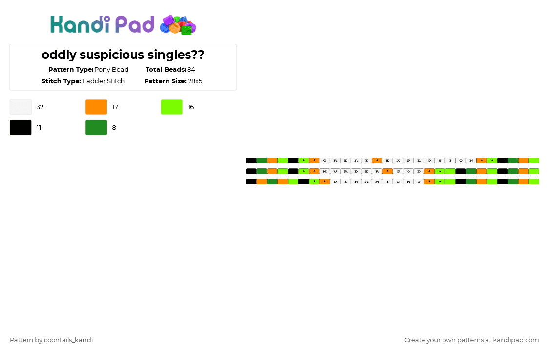 oddly suspicious singles?? - Pony Bead Pattern by cattitude on Kandi Pad - green,orange