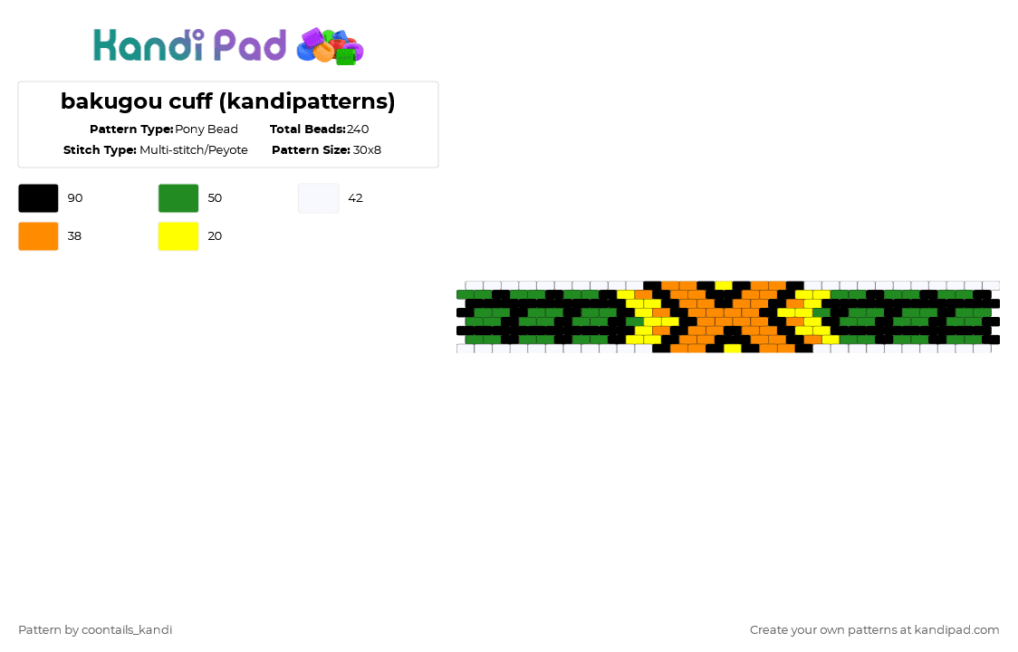 bakugou cuff (kandipatterns) - Pony Bead Pattern by cattitude on Kandi Pad - orange,green