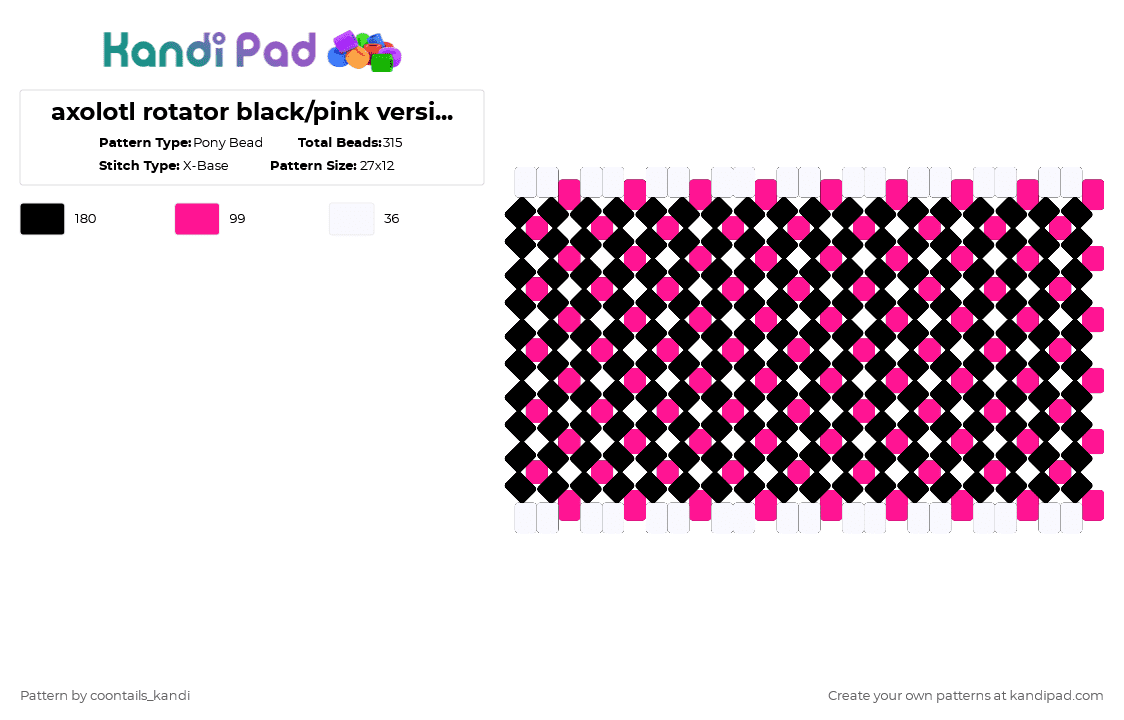 axolotl rotator black/pink version (1/3) - Pony Bead Pattern by cattitude on Kandi Pad - white,pink