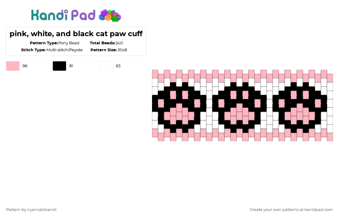 pink, white, and black cat paw cuff - Pony Bead Pattern by cattitude on Kandi Pad - white,pink