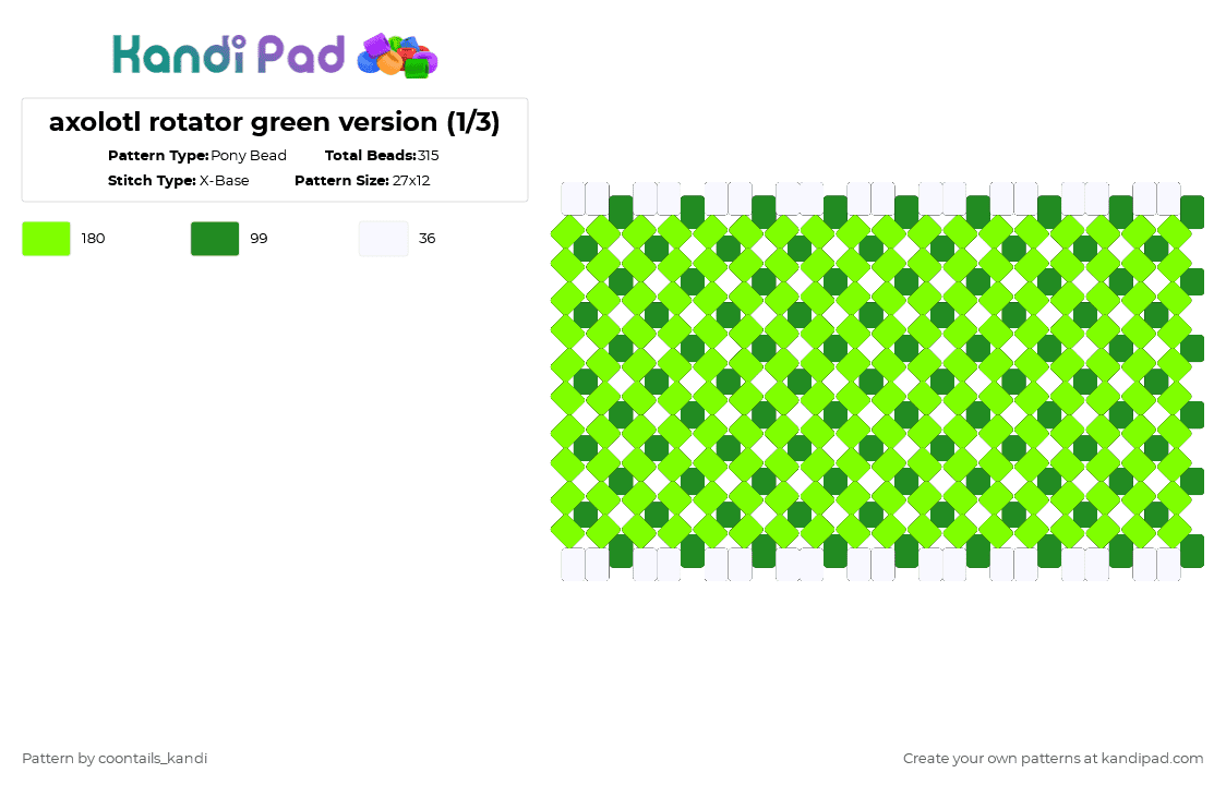 axolotl rotator green version (1/3) - Pony Bead Pattern by cattitude on Kandi Pad - green