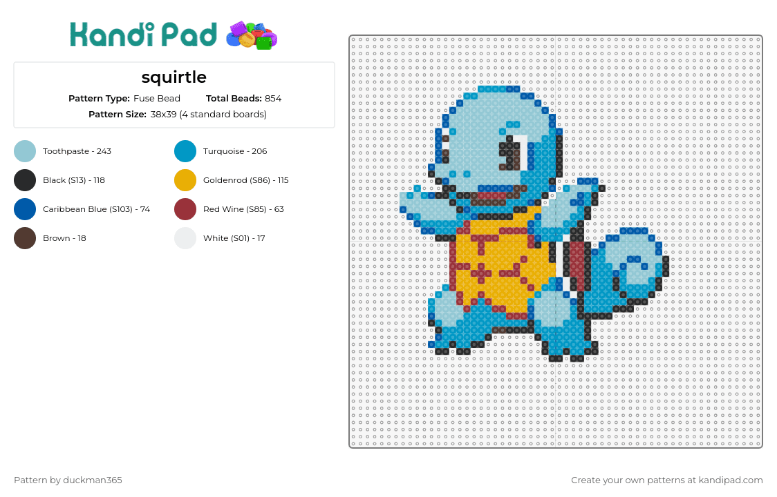 squirtle - Fuse Bead Pattern by duckman365 on Kandi Pad - squirtle,pokemon,blastoise,wartortle,animated,retro,gaming,character,blue