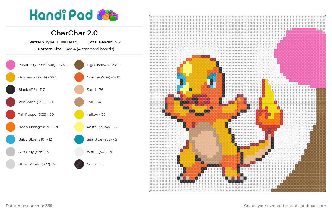 CharChar 2.0 - Fuse Bead Pattern by duckman365 on Kandi Pad - charmander,pokemon,character,nostalgia,collectible,fiery,orange
