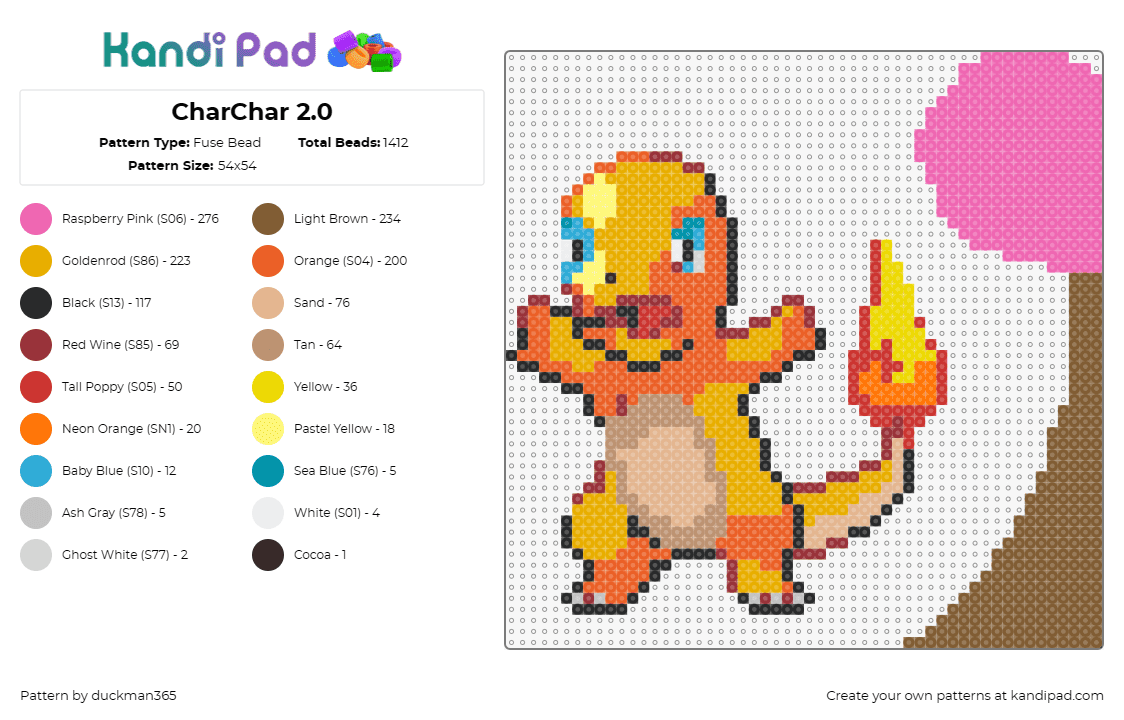 CharChar 2.0 - Fuse Bead Pattern by duckman365 on Kandi Pad - charmander,pokemon,character,nostalgia,collectible,fiery,orange