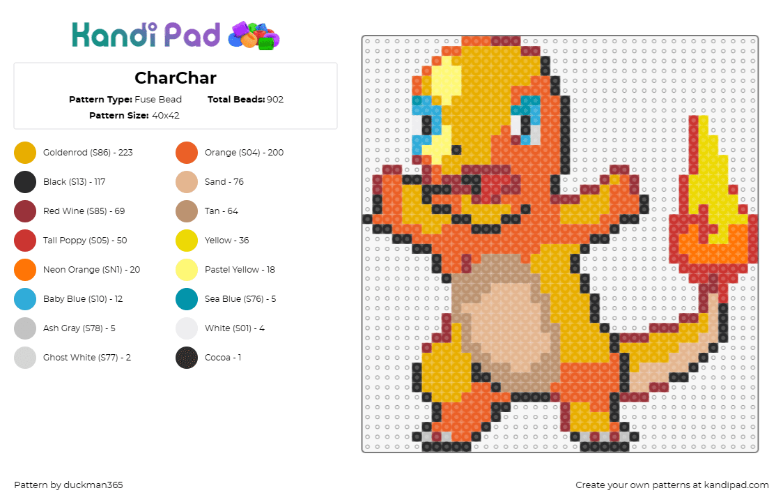 CharChar - Fuse Bead Pattern by duckman365 on Kandi Pad - charmander,pokemon,fiery,vibrant,game spirit,orange