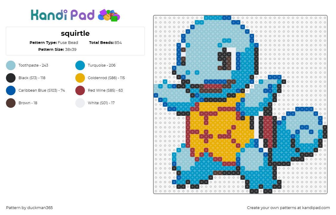 squirtle - Fuse Bead Pattern by duckman365 on Kandi Pad - squirtle,pokemon,blastoise,wartortle,animated,retro,gaming,character,blue