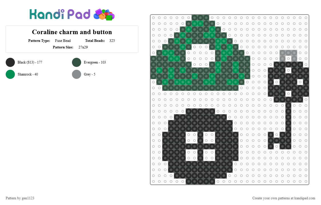 Coraline charm and button - Fuse Bead Pattern by gen1123 on Kandi Pad - gray, green