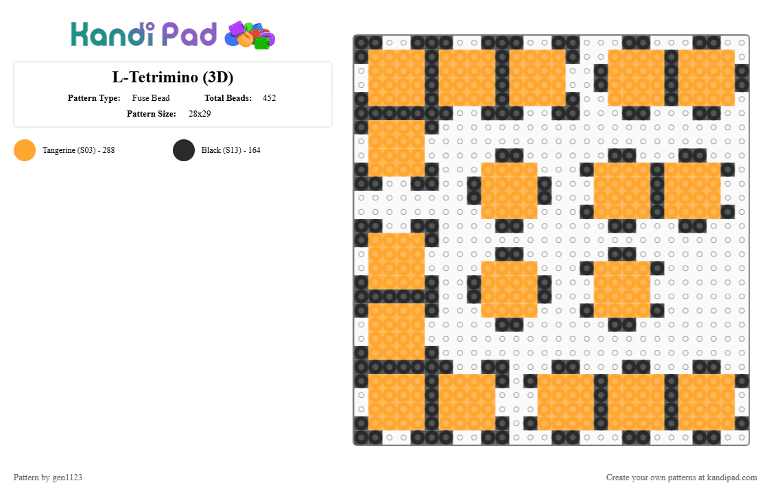 L-Tetrimino (3D) - Fuse Bead Pattern by gen1123 on Kandi Pad - black, orange, tetris