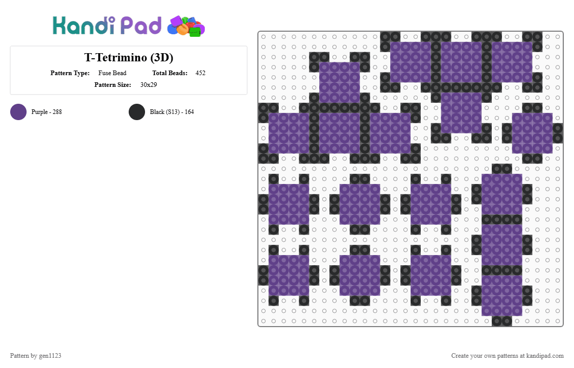 T-Tetrimino (3D) - Fuse Bead Pattern by gen1123 on Kandi Pad - black, purple, tetris