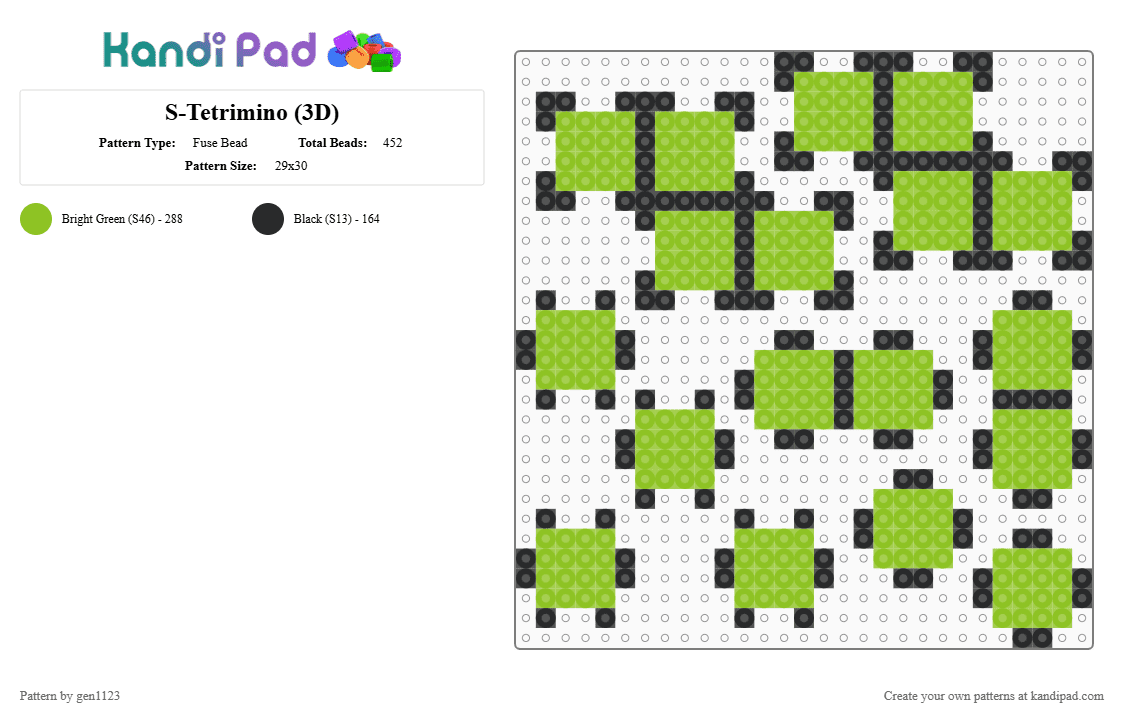 S-Tetrimino (3D) - Fuse Bead Pattern by gen1123 on Kandi Pad - black, green, tetris