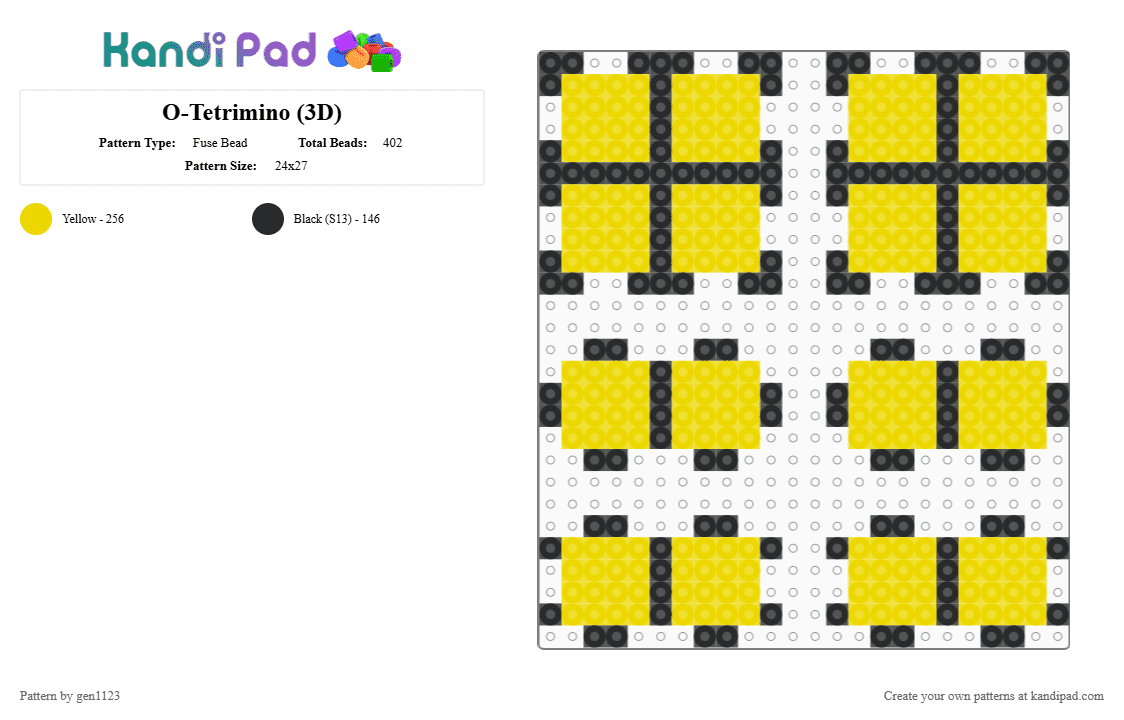 O-Tetrimino (3D) - Fuse Bead Pattern by gen1123 on Kandi Pad - black, yellow