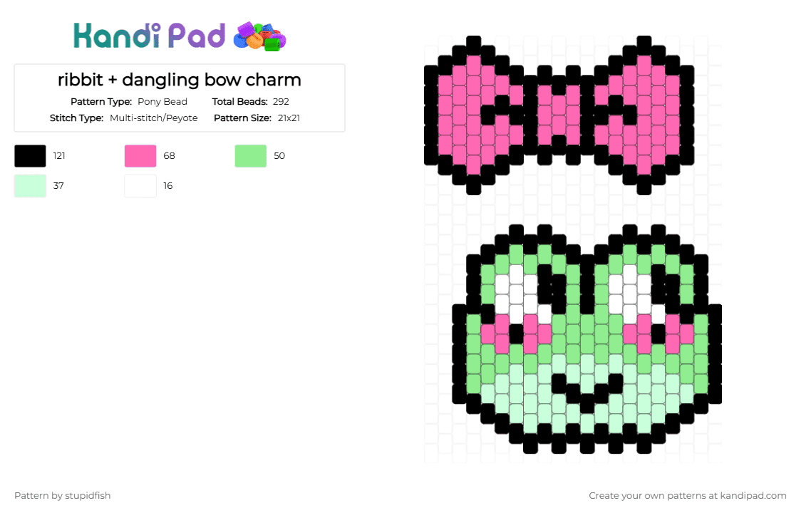 ribbit + dangling bow charm - Pony Bead Pattern by stupidfish on Kandi Pad - teal,pink