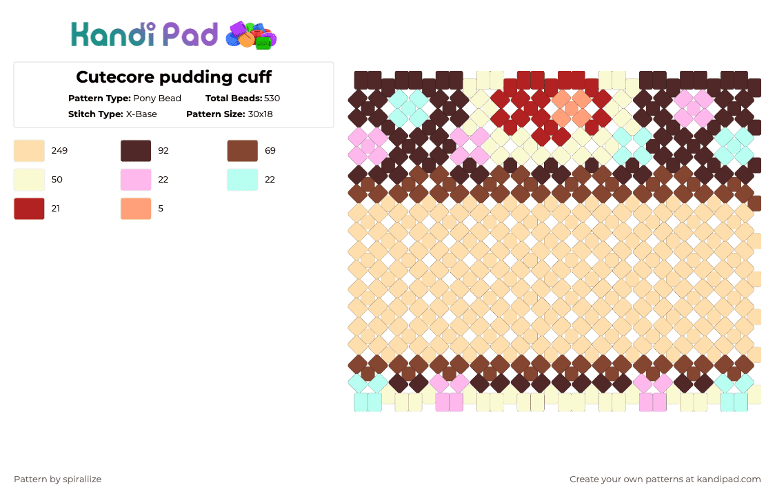 Cutecore pudding cuff - Pony Bead Pattern by spiraliize on Kandi Pad - beige,brown,red,cutecore,pudding,pastel,cute