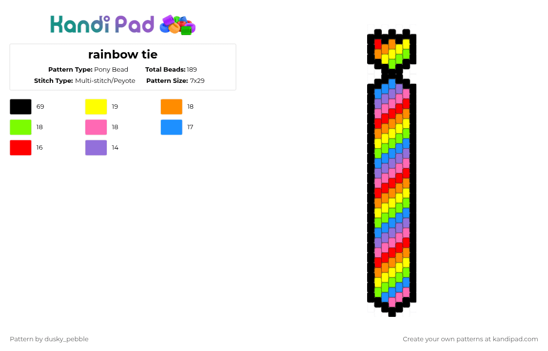 rainbow tie - Pony Bead Pattern by dusky_pebble on Kandi Pad - orange,green,pink,colorful