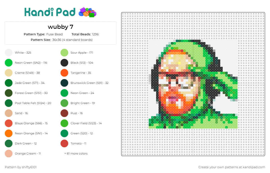 wubby 7 - Fuse Bead Pattern by shifty6101 on Kandi Pad - paymoneywubby,streamer,headphones,iconic,figure,personality,lively,green