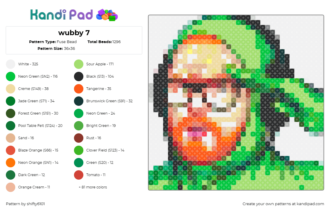 wubby 7 - Fuse Bead Pattern by shifty6101 on Kandi Pad - paymoneywubby,streamer,headphones,figure,personality,lively,green