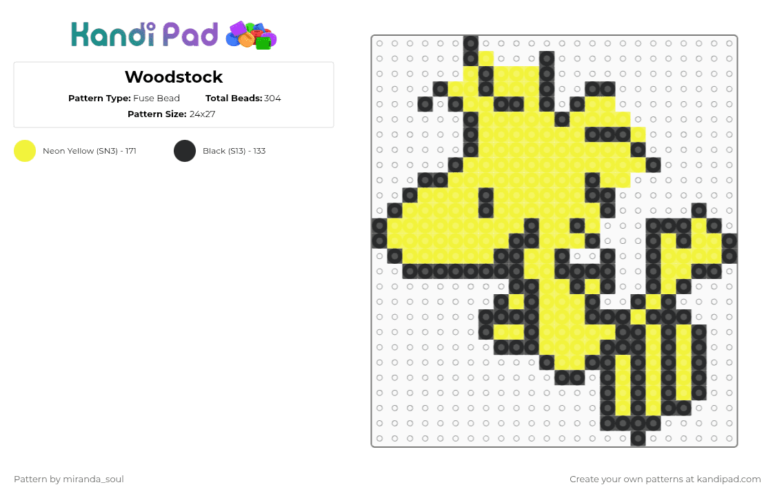 Woodstock - Fuse Bead Pattern by miranda_soul on Kandi Pad - woodstock,snoopy,peanuts,charlie brown,bird,character,cartoon,comic strip,black,yellow