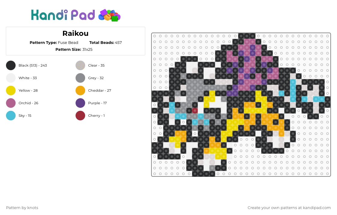 Raikou - Fuse Bead Pattern by knots on Kandi Pad - black,beige,gray,orange,colorful