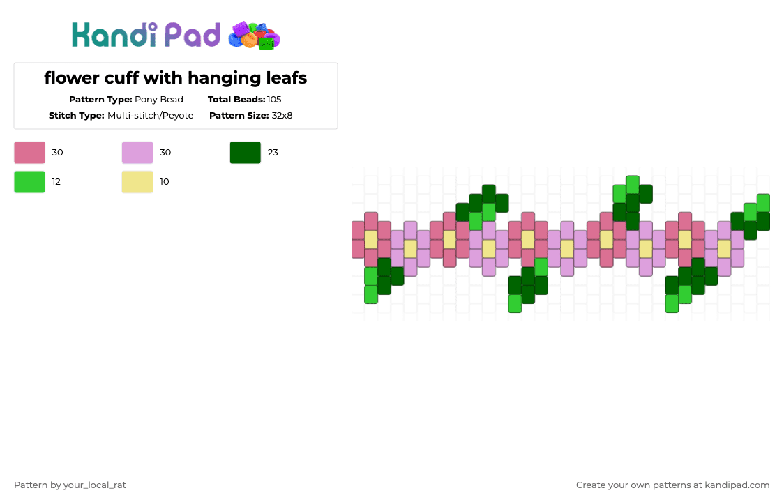 flower cuff with hanging leafs - Pony Bead Pattern by your_local_rat on Kandi Pad - green, pink