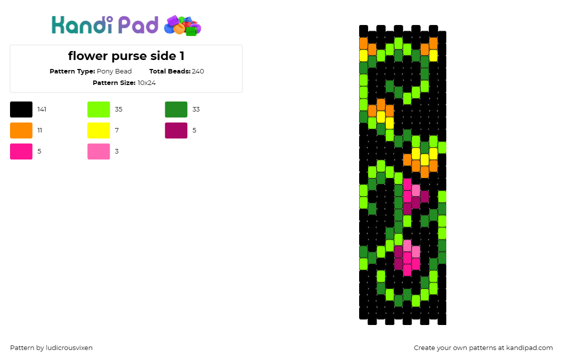 flower purse side 1 - Pony Bead Pattern by ludicrousvixen on Kandi Pad - flowers,plants,vine,purse,panel,black,green