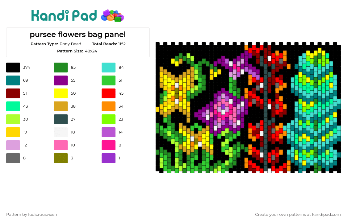 pursee flowers bag panel - Pony Bead Pattern by ludicrousvixen on Kandi Pad - plants,flowers,purse,bag,panel,colorful,dark,green,red,black