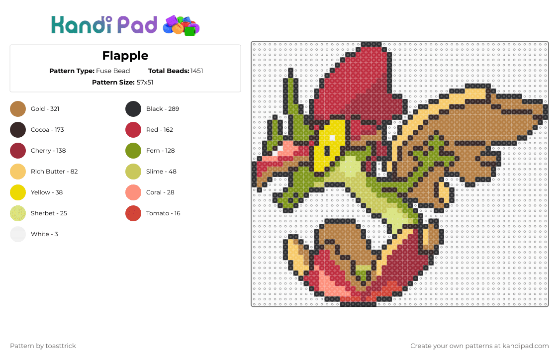 Flapple - Fuse Bead Pattern by toasttrick on Kandi Pad - brown,tan,red,pokemon,generation 8