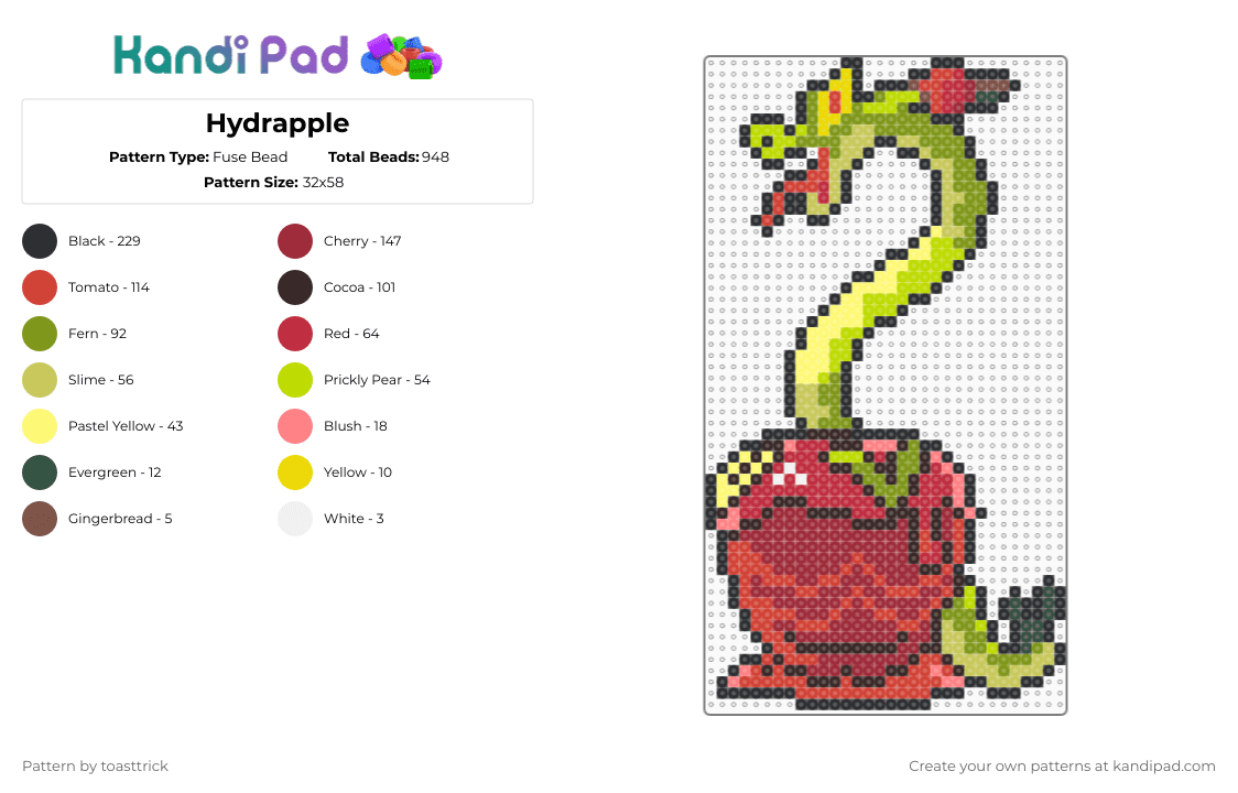 Hydrapple - Fuse Bead Pattern by toasttrick on Kandi Pad - hydrapple,applin,video game,anime,gaming,pokemon,red,gold,green,brown,generation 9