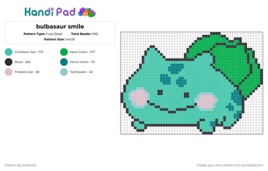 Bulbasaur smile Fuse Bead Pattern - Kandi Pad | Kandi Patterns, Fuse ...