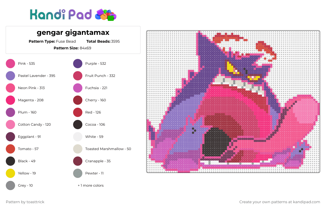 gengar gigantamax - Fuse Bead Pattern by toasttrick on Kandi Pad - pink,blue,purple,pokemon,gigantamax