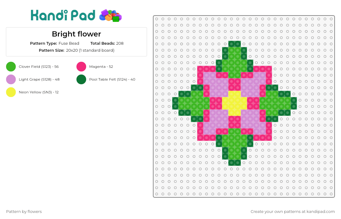 Bright flower - Fuse Bead Pattern by flowers on Kandi Pad - flower,floral,spring,vibrant,home decor,green,pink