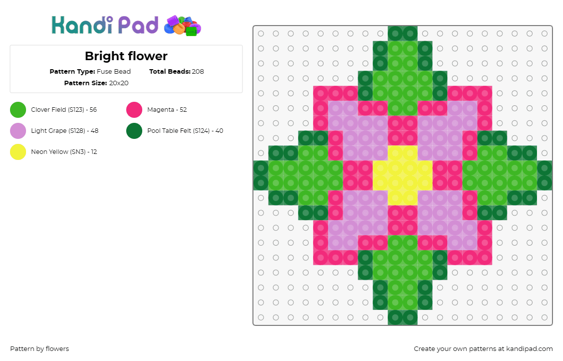 Bright flower - Fuse Bead Pattern by flowers on Kandi Pad - flower,floral,spring,vibrant,home decor,green,pink