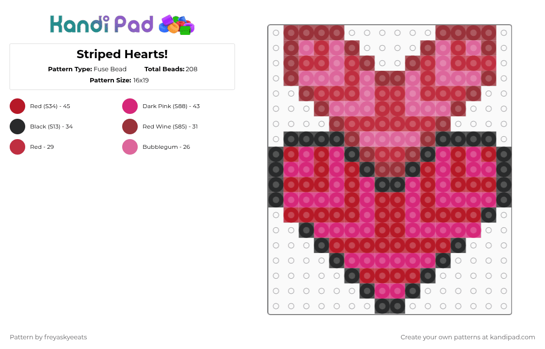 Striped Hearts! - Fuse Bead Pattern by freyaskyeeats on Kandi Pad - 