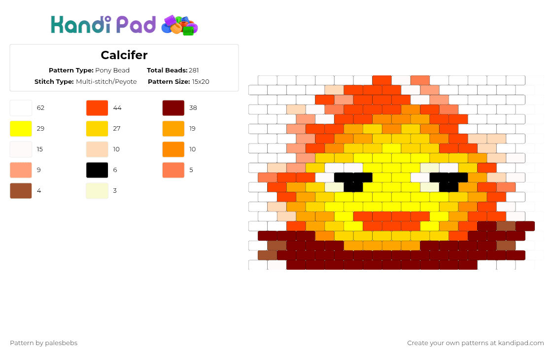 Calcifer - Pony Bead Pattern by palesbebs on Kandi Pad - brown, calcifer, ghibli, howls moving castle, orange, red, yellow