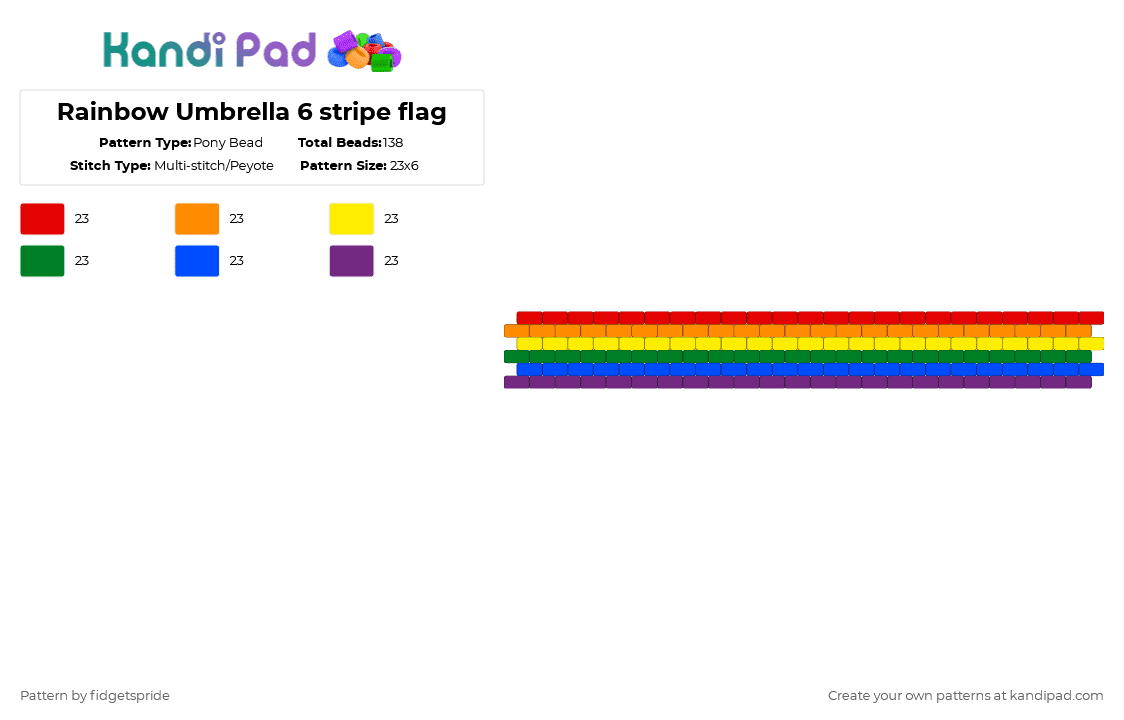 Rainbow Umbrella 6 stripe flag - Pony Bead Pattern by fidgetspride on Kandi Pad - orange,green,pink,colorful,pride,rainbow,pride flag