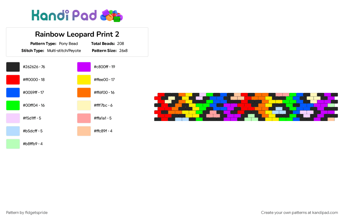 Rainbow Leopard Print 2 - Pony Bead Pattern by fidgetspride on Kandi Pad - animal, animal print, cheetah print, colorful, green, leopard print, rainbow, red, yellow