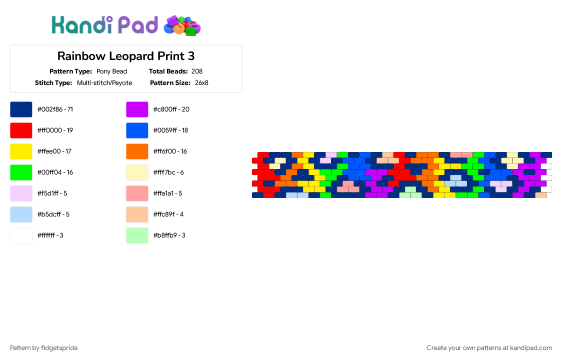 Rainbow Leopard Print 3 - Pony Bead Pattern by fidgetspride on Kandi Pad - animal, animal print, blue, cheetah print, leopard print, purple, rainbow, red, yellow